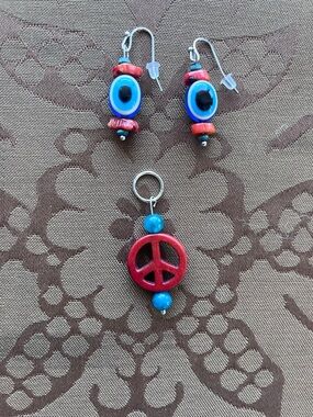 Peace Sign pendant and ‘evil eye’ earrings